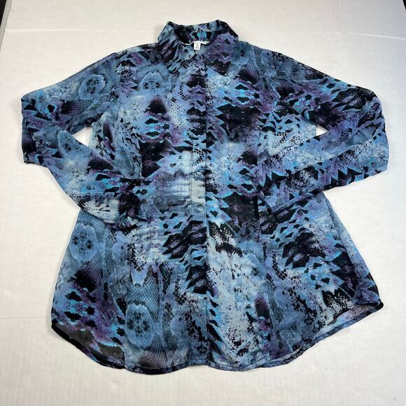Cabi Button Down Blouse Long Sleeve Top Blue Abstract Print Artsy Work Shirt S - Picture 1 of 12